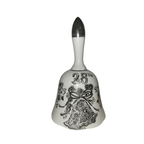 Vintage  5.24" 25th Anniversary Dinner Bell  White Porcelain & Silver Japan - Picture 1 of 7